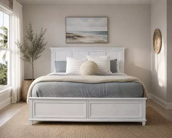 Coastal Point Fresh White Finish and Soft Grey Glaze King Panel Bed