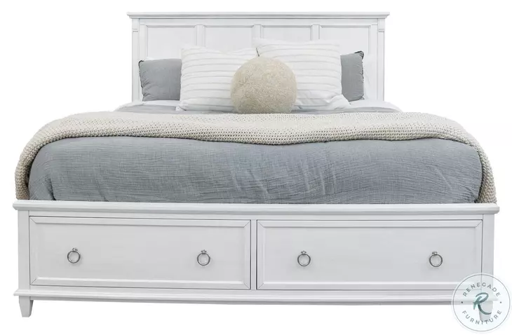 Coastal Point Fresh White Finish and Soft Grey Glaze King Bed with Storage