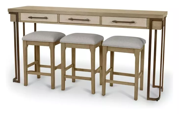 Rio Vista Muted Earth Tones Performance Fabric Upholstered Rectangular Console Table with Stools and USB Charging
