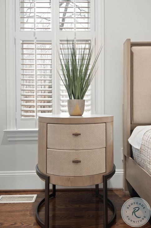 Vista Verde Muted Earth Tones and Clay Woven 2 Drawer Round Accent Nightstand with USB Charging