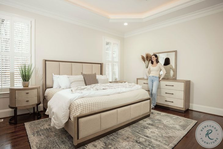 Vista Verde Muted Earth Tones and Clay Performance Fabric King Upholstered Bed