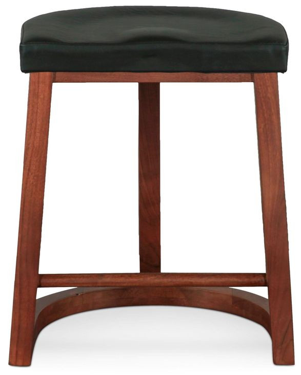 Hampton Walnut and Black Leather Upholstered Backless Counter Height Stool