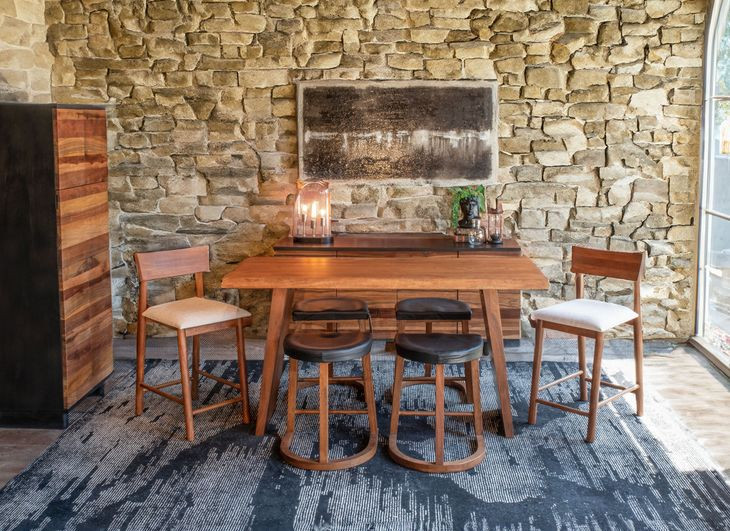 Hampton Walnut and Black Leather Upholstered Backless Counter Height Stool