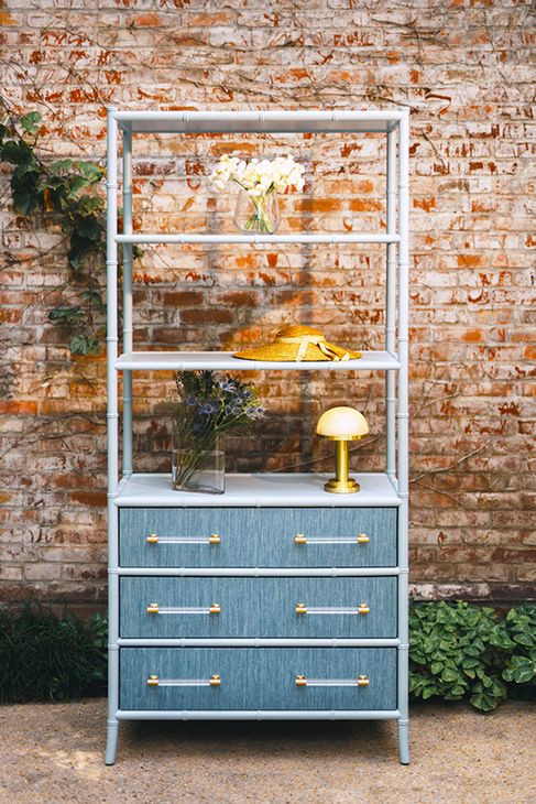 Flynn Blue Dyed and Light Blue Matte Lacquer 3 Drawer Etagere with 3 Shelves
