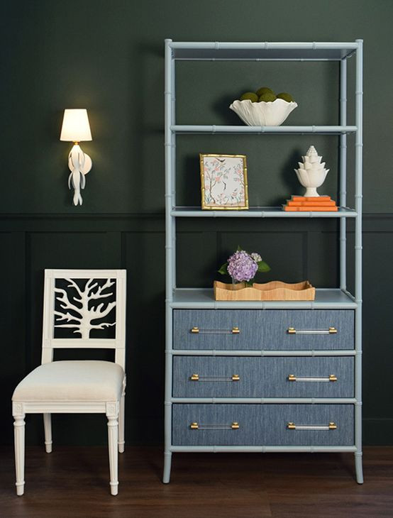 Flynn Blue Dyed and Light Blue Matte Lacquer 3 Drawer Etagere with 3 Shelves