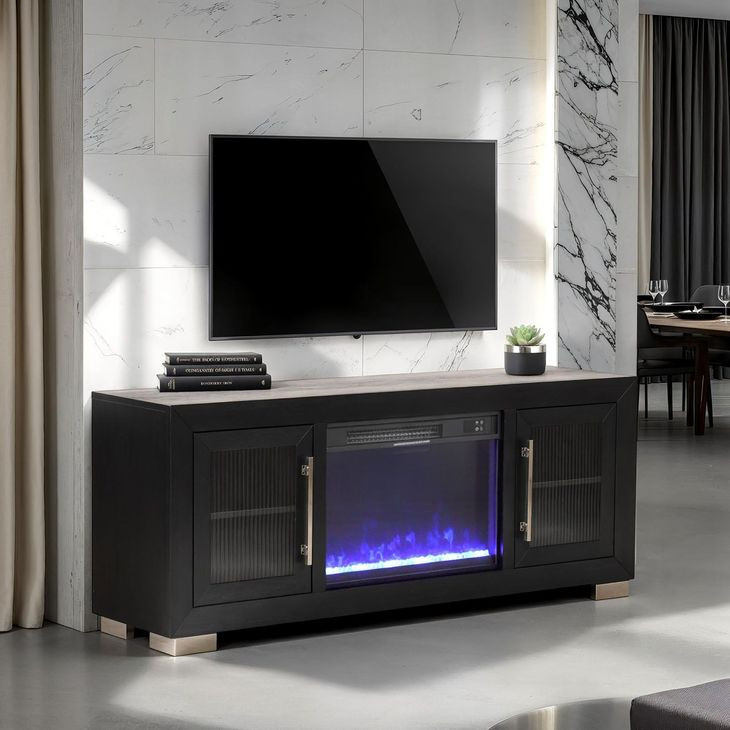 Ashbourne Black 60" TV Stand with LED Fireplace and USB Charging