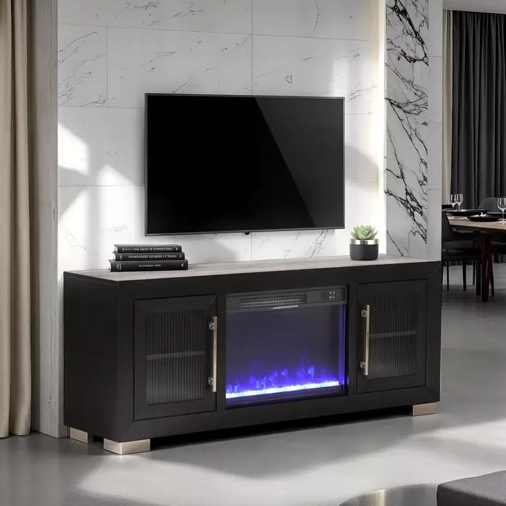 Ashbourne Black 60" TV Stand with LED Fireplace and USB Charging