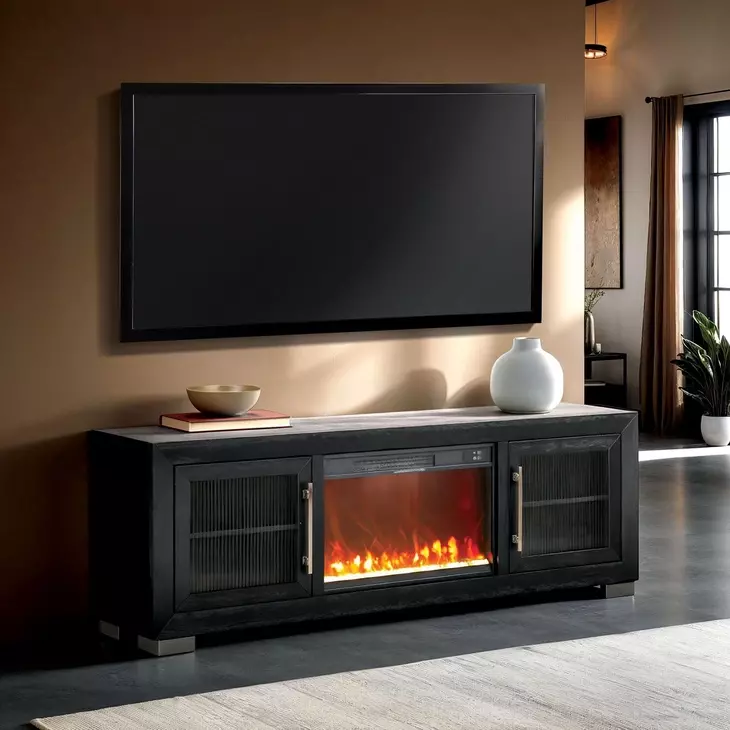 Ashbourne Black 72" TV Stand with LED Fireplace and USB Charging