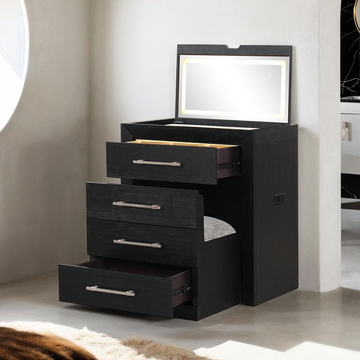 Ashbourne Black Bedside LED Vanity Set with Stool and USB Charging