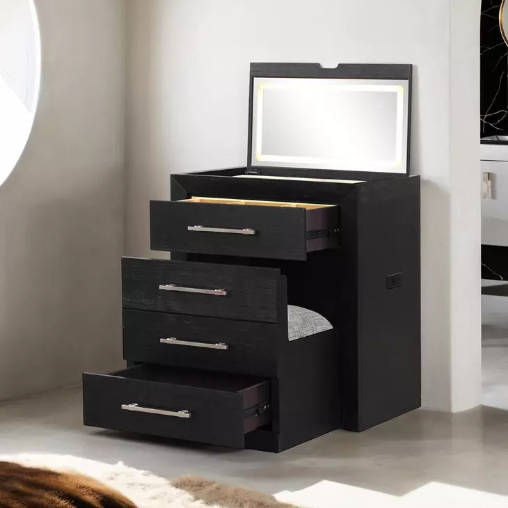 Ashbourne Black Bedside LED Vanity Set with Stool and USB Charging