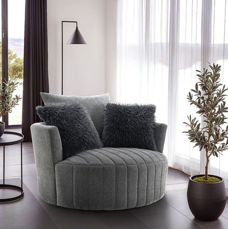 Hoople Dark Gray Upholstered Swivel Chair with Pillows