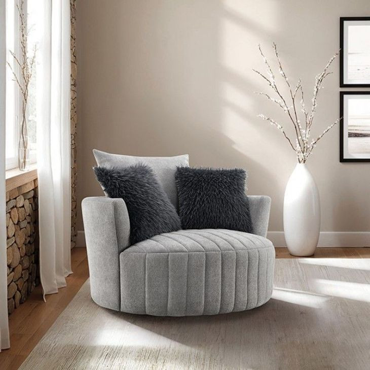 Hoople Light Gray Upholstered Swivel Chair with Pillows