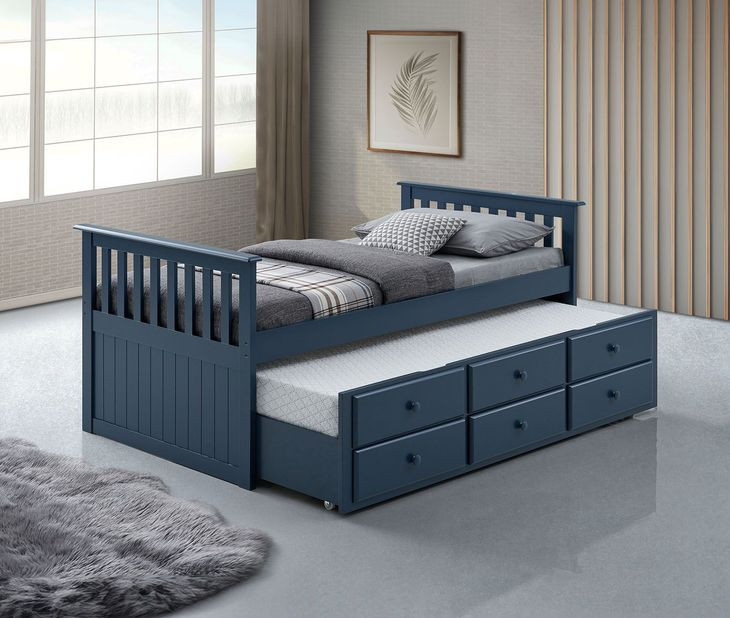 Clemens Midnight Blue Twin XL Captain Bed with Trundle and Storage