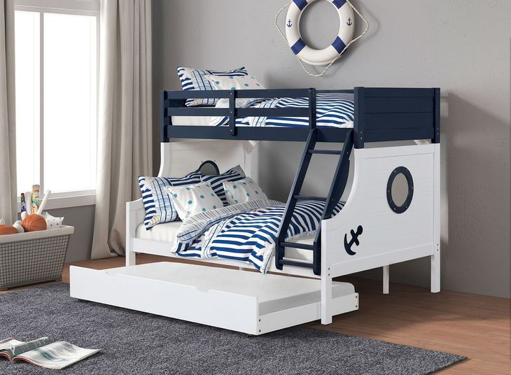 Nautia Blue and White Twin Over Full Bunk Bed with Trundle