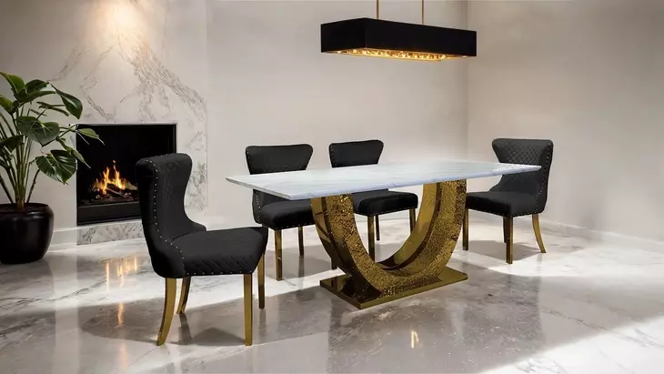 Portanova Gold 79" Rectangular Dining Table with Marble Top