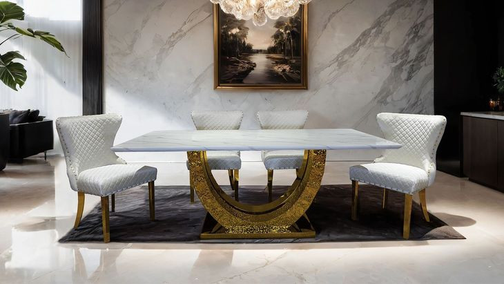 Portanova Gold 79" Rectangular Dining Table with Marble Top