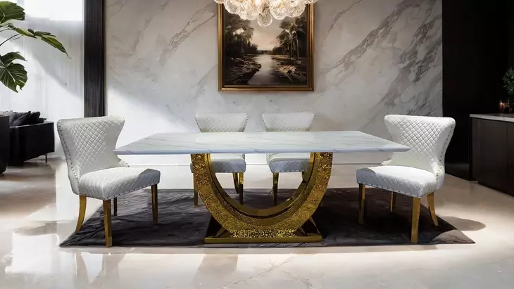 Portanova Gold 79" Rectangular Dining Table with Marble Top