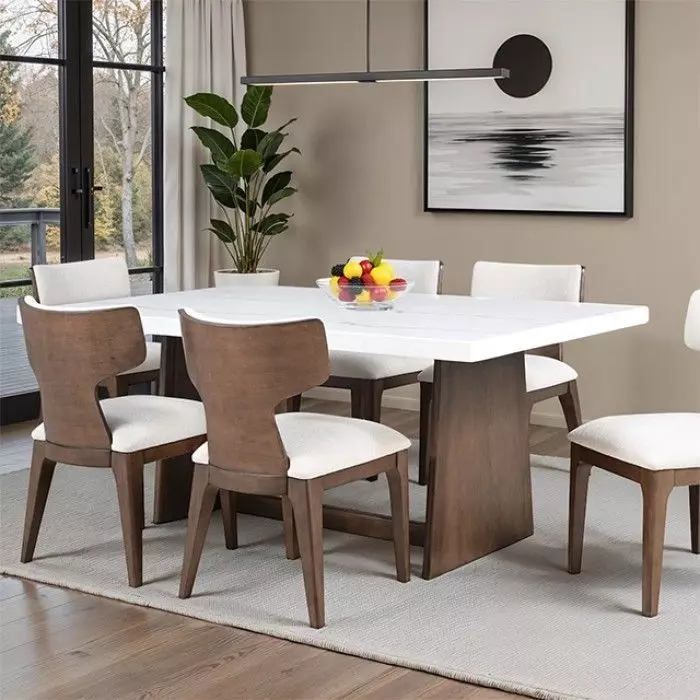 Caerwys Brown and White 70" Rectangular Marble Top Dining Room Set