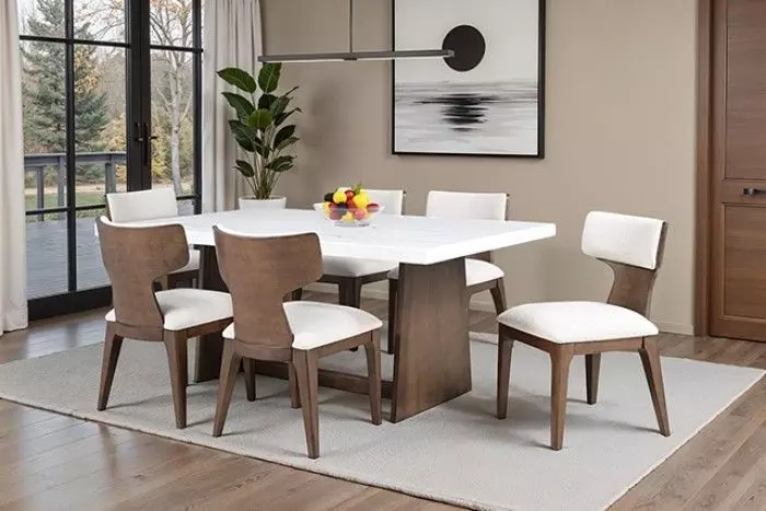 Caerwys Brown and White 70" Rectangular Marble Top Dining Room Set