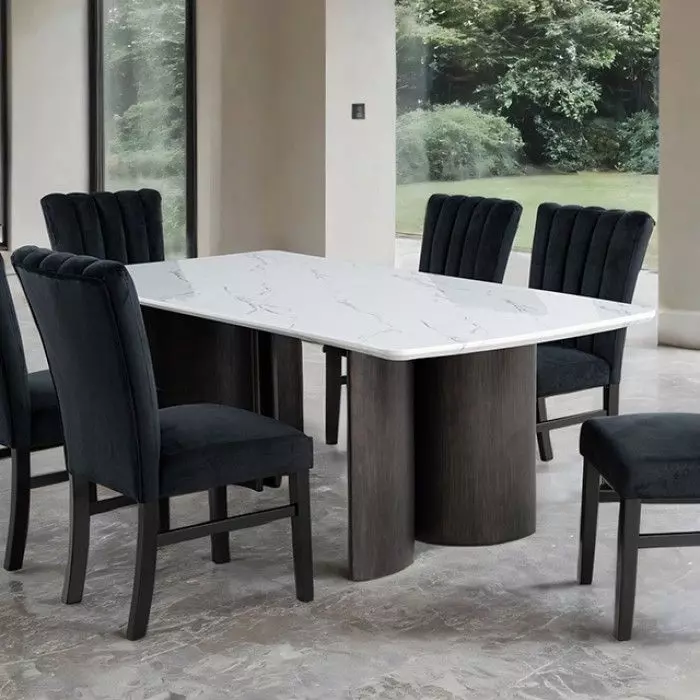Selsey White and Black 78" Rectangular Marble Top Dining Room Set