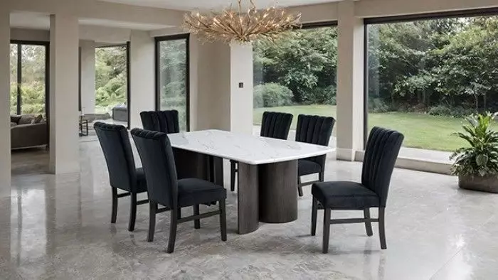 Selsey White and Black 78" Rectangular Marble Top Dining Room Set