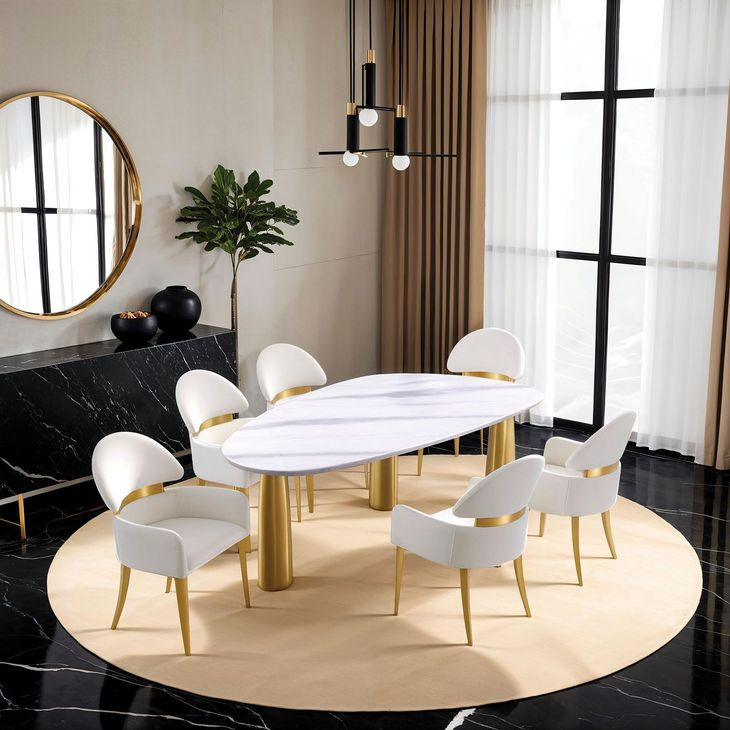 Northam Matte Gold and White 79" Rectangular Sintered Stone Top Dining Room Set