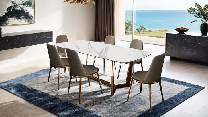 Norelli Gold and White 71" Rectangular Dining Table with Marble Top