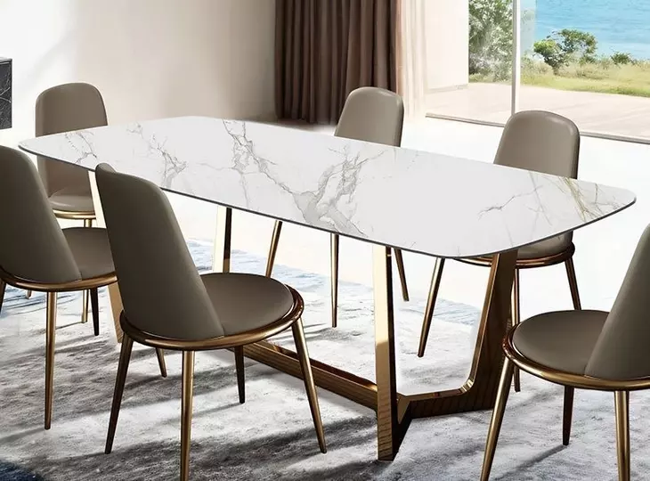 Norelli Gold and White 71" Rectangular Dining Table with Marble Top