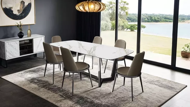 Norelli Silver and White 71" Rectangular Dining Table with Marble Top