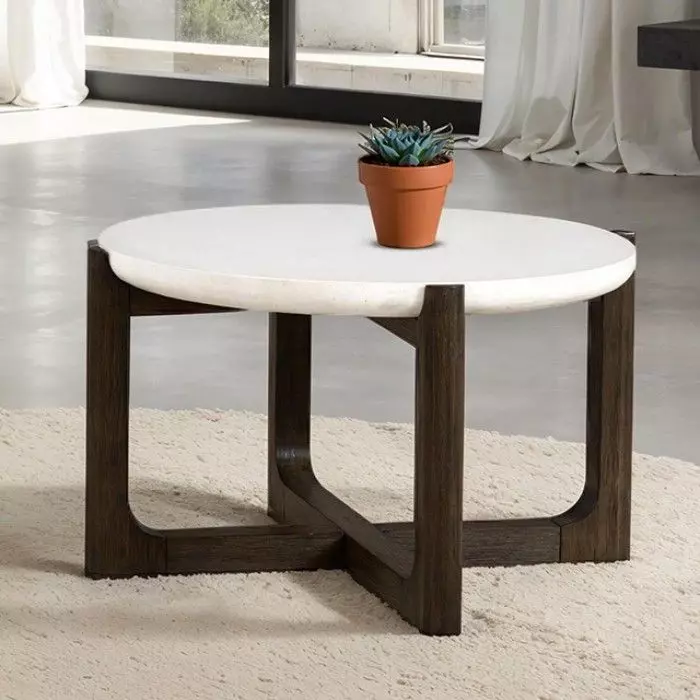 Vellara Dark Walnut and White Round Quartz Stone Top Occasional Table Set