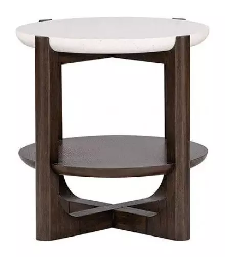 Vellara Dark Walnut and White Round Quartz Stone Top End Table