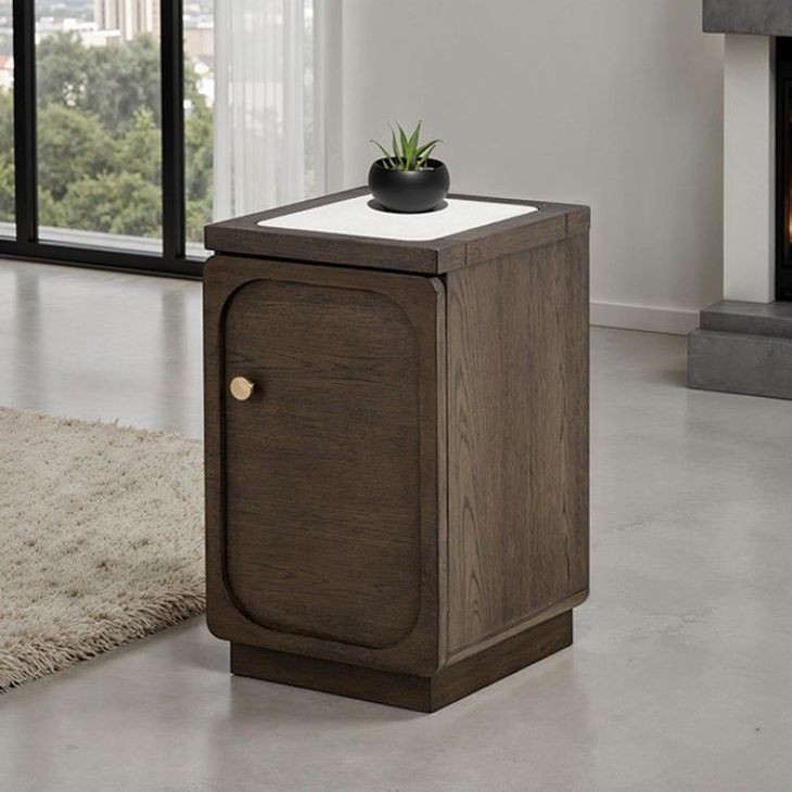 Vellara Dark Walnut and White Rectangular Quartz Stone Top Chairside Table with USB Charging