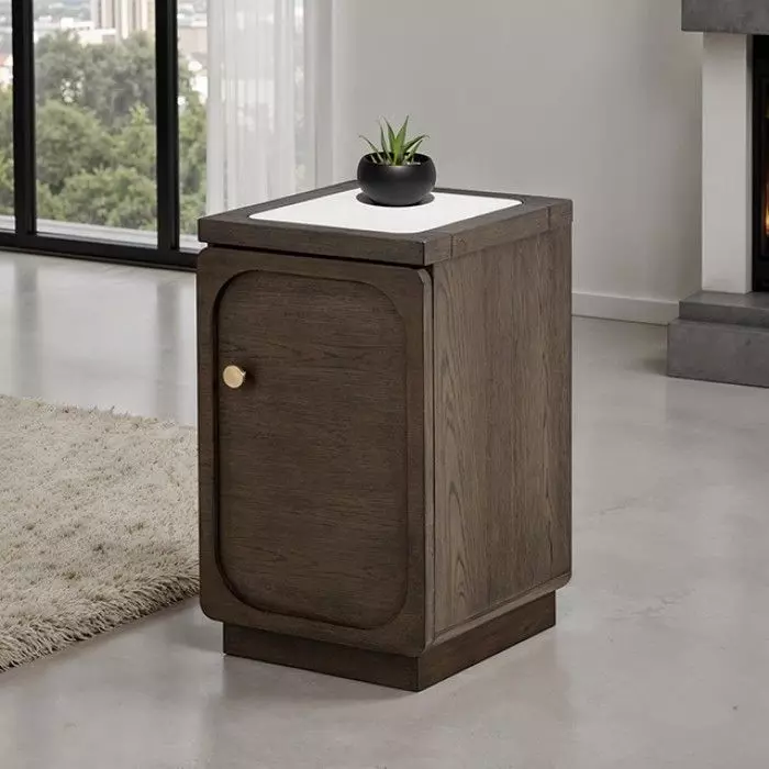 Vellara Dark Walnut and White Rectangular Quartz Stone Top Sofa Table with USB Charging