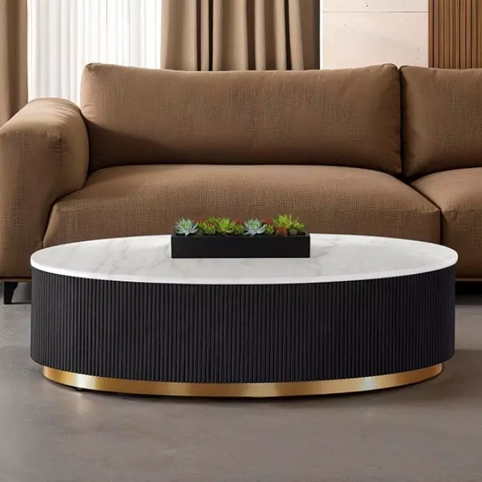 Virden Black and White Oval Marble Top Cocktail Table