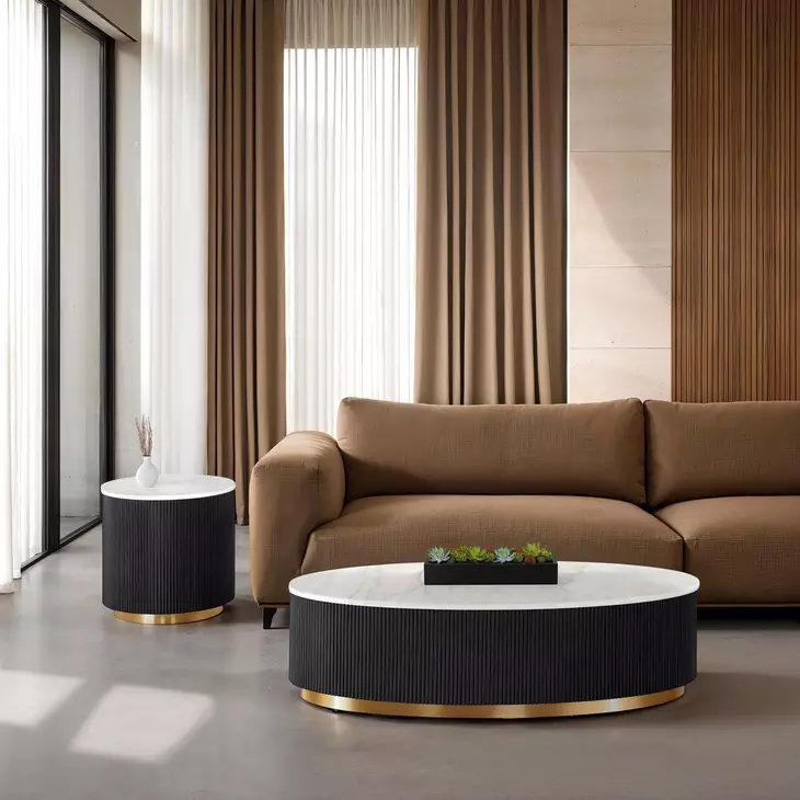 Virden Black and White Oval Marble Top Cocktail Table