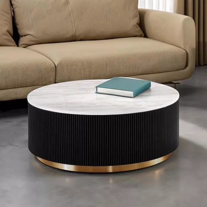 Virden Black and White Round Marble Top Cocktail Table