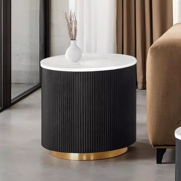 Virden Black and White Round Marble Top End Table
