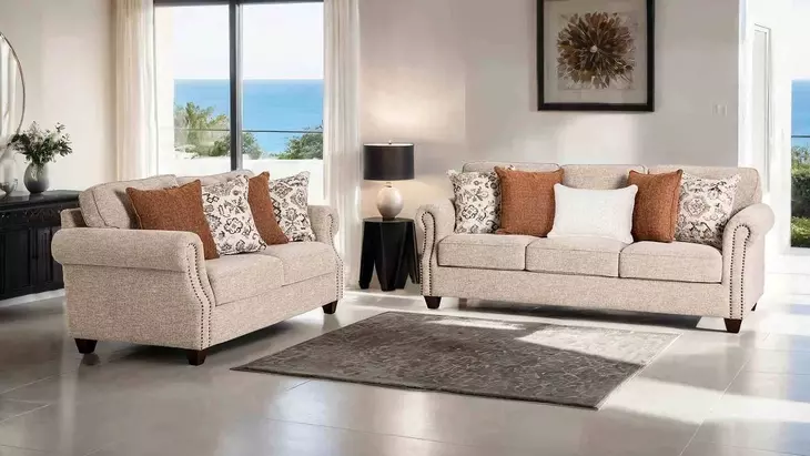 Buckhurst Taupe Living Room Set with Nailhead Trim