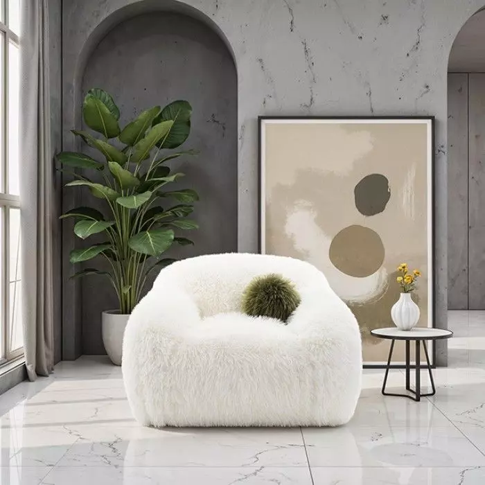 Darwen White Upholstered Swivel Chair with Pillow