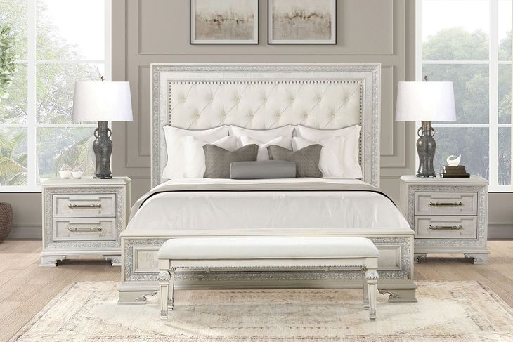 Stella Mia Creamy White King Upholstered Panel Bed