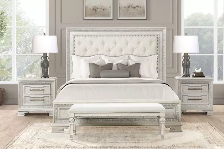 Stella Mia Creamy White Queen Upholstered Panel Bed