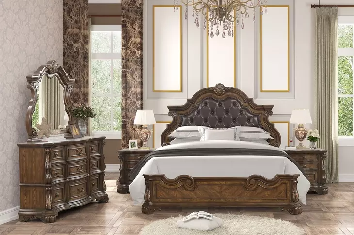 Leovanni Dark Brown Queen Upholstered Panel Bed