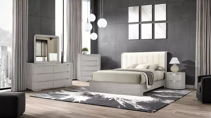 Osterley Light Gray and White King Upholstered Panel Bed