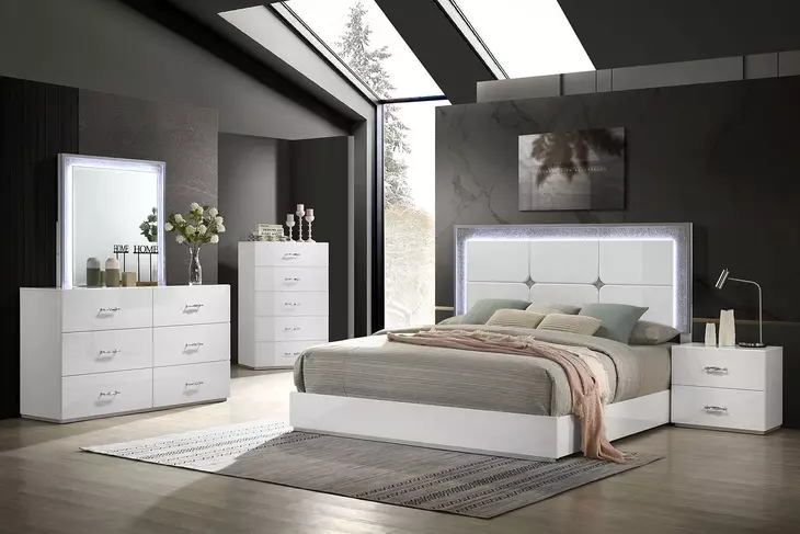 Stoholm White Platform Bedroom Set with LED