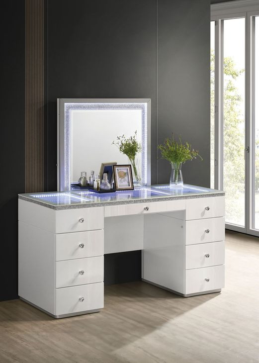 Stoholm White 9 Drawer Glass Top Vanity with Mirror and LED