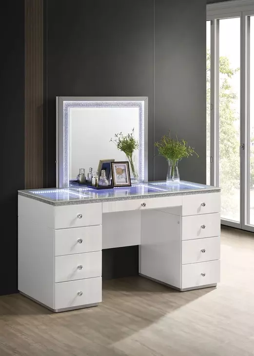 Stoholm White 9 Drawer Glass Top Vanity with Mirror and LED