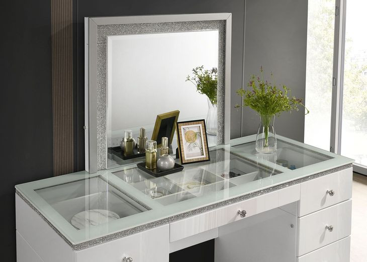 Stoholm White 9 Drawer Glass Top Vanity with Mirror and LED