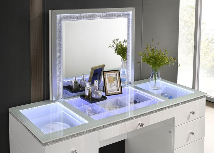 Stoholm White 9 Drawer Glass Top Vanity with Mirror and LED