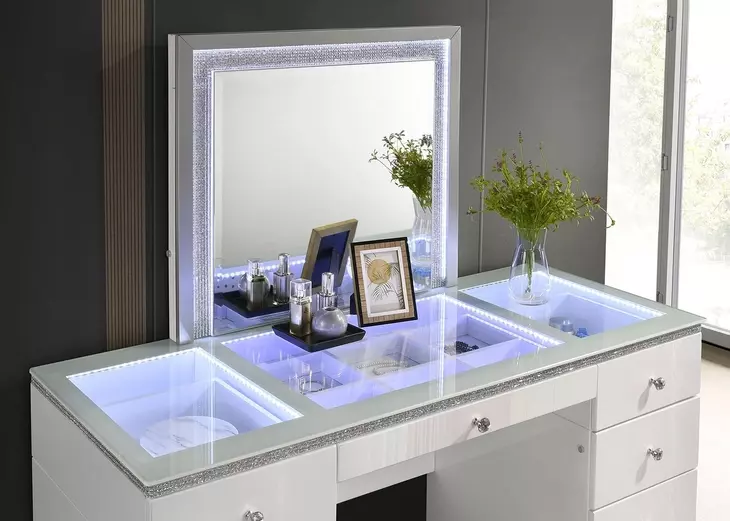 Stoholm White 9 Drawer Glass Top Vanity with Mirror and LED