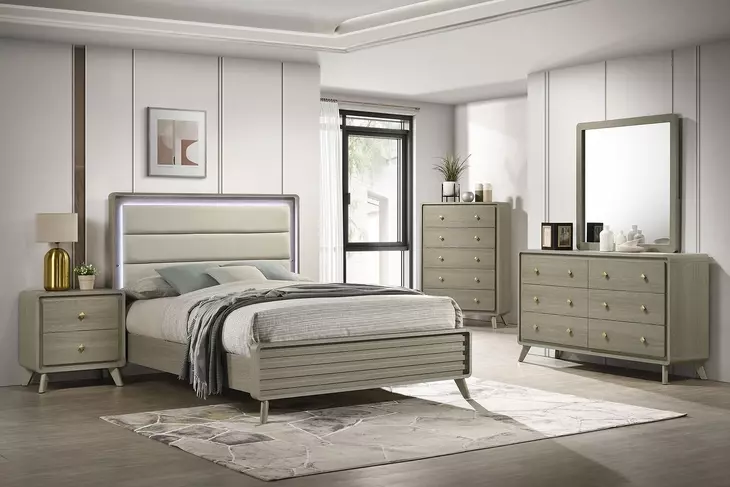 Rainier Gray and White Queen Upholstered Panel Bed with LED
